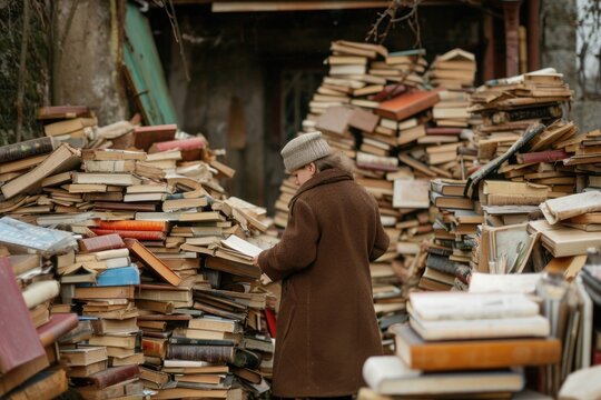 Back view of a ederly woman standing among many books