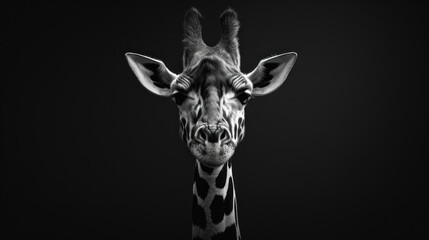  a black and white photo of a giraffe's head with its eyes wide open in the dark.