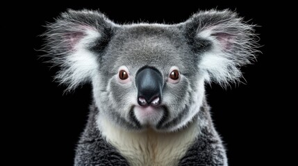  a close - up of a koala's face with its eyes wide open, on a black background.