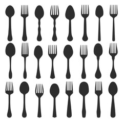 Fork and spoon,set of black illustration of various eating utensil.