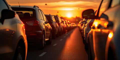 Cars are lined up in a traffic jam at sunset. Generative AI.