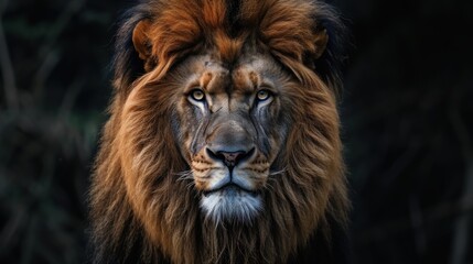 Fototapeta premium a close - up of a lion's face with blue eyes and a long mane, with trees in the background.
