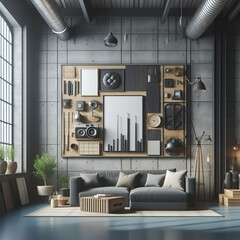 Bright Spacious Vintage Loft Style Dark Black Metal Framing  Industrial Interior Design Living Room Flat Background with Sofa, Plants. Contemporary Poster Mockup on Wall. Open Space Apartment or Condo