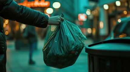 A woman takes out and holds a garbage bag from a trash can on the street. Garbage sorting.