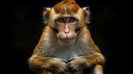Obraz premium a close up of a monkey's face with one eye open and one paw on the other side of the face.