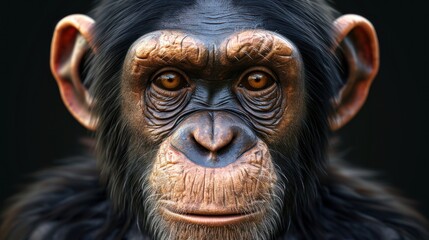  a close up of a monkey's face with a serious look on it's face and a black background.