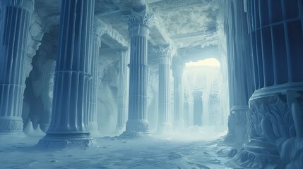 Mystical ancient temple among snow-capped mountains, shrouded in fog - a scene of serenity and mystery