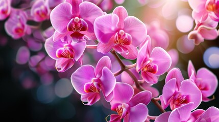  a close up of a bunch of pink orchids on a branch with boke of light in the background.