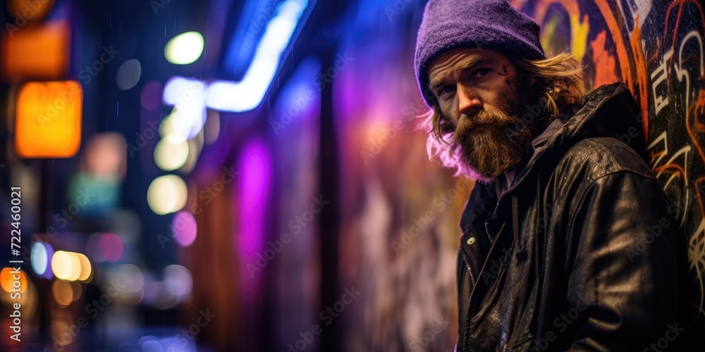 Poster a man with a beard and a hat standing in front of a wall. generative ai.
