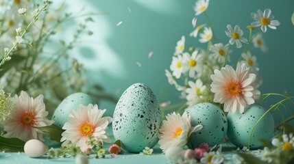Obraz na płótnie Canvas Easter blue pastel eggs in a flower arrangement