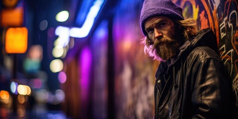 A man with a beard and a hat standing in front of a wall. Generative AI.