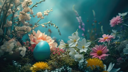 Fototapeta na wymiar Easter blue pastel eggs in a flower arrangement