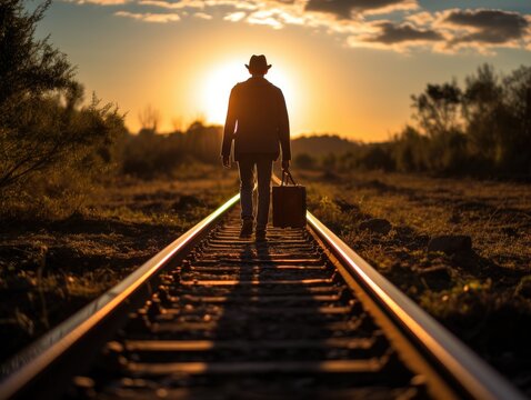 A man with a hat and a suitcase walks on a railroad track at sunset. Generative AI.