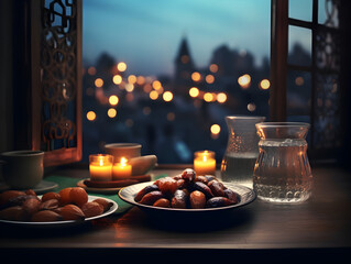 Full table with traditional islamic food at evening, ramadan celebration concept 