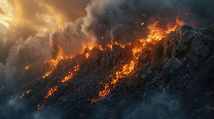 a black forest on a mountainside engulfed in fire, a lot of smoke and fire.. - obrazy, fototapety, plakaty