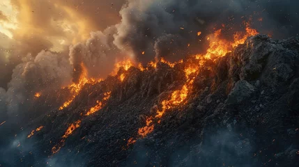 Fotobehang a black forest on a mountainside engulfed in fire, a lot of smoke and fire.. © DZMITRY