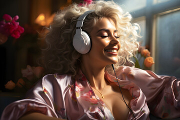 happy beautiful woman in a satin blouse with headphones emotionally listens to music