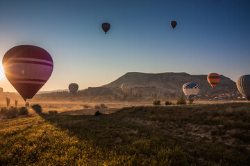 Hot air balloons take off from the ground early in the morning. Hot air balloons flying over...