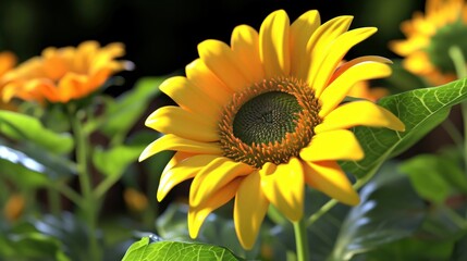 Fototapeta premium a close up of a sunflower with green leaves in the foreground and a blurry background in the background.