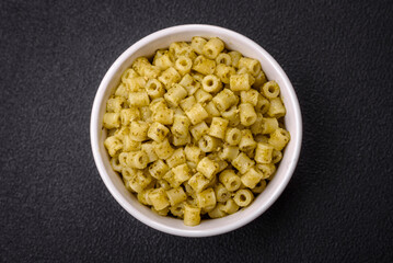 Delicious ditali pasta from durum wheat with salt and spices