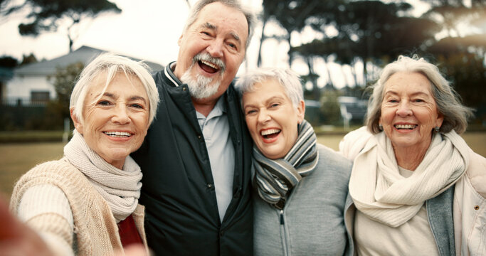 Senior friends, group selfie and park with smile, face and excited together with hug, care and outdoor. Elderly man, women and happy for memory, photography or profile picture with portrait in nature