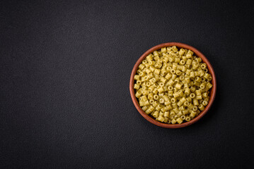 Delicious ditali pasta from durum wheat with salt and spices