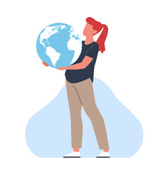 Woman holding planet Earth in her arms. Ecologic help and environment care, girl embracing earth. Support nature. Energy saving. Volunteering cartoon flat style isolated vector concept