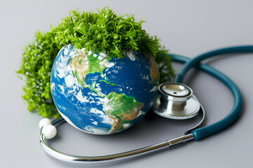 Stethoscope with green globe represents environmental health. Global health care with a lush green planet model. Eco-friendly healthcare concept with stethoscope and green earth