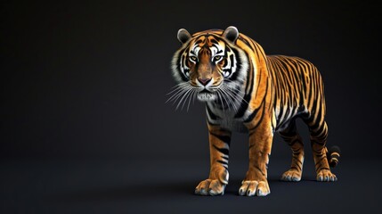 Obraz premium a 3d model of a tiger standing on a black background with a black background and a white stripe on the front of the tiger's face.