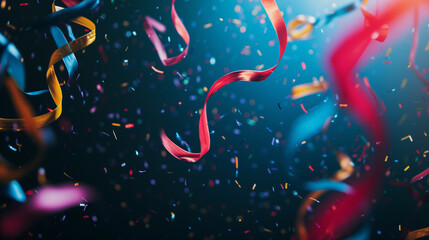 rubans, flon-flons, serpentins qui tombent devant un fond bleu foncé, avec des confettis. Carnaval, anniversaire, fêtes de fin d'année, animations Espace négatif texte - copyspace - obrazy, fototapety, plakaty