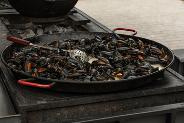 Street Delight: Fresh Mussels in Shells Grilling on a Large BBQ