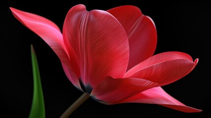  a close up of a red flower with a green stem in the foreground and a black background in the background.