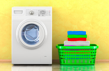 Washing machine with laundry basket full of clean clothes in room near wall, 3D rendering