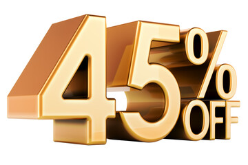 45 percent discount. Golden 45 percent off, text. Discount and sale, concept. 3D rendering isolated on transparent background