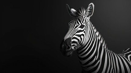  a black and white photo of a zebra's head in the middle of the frame with a black background.