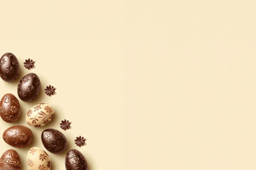 fêtes de Pâques, angle avec des œufs en chocolat décorés et sculptés et des petites fleurs en chocolat. Fond beige avec espace négatif pour texte copyspace. - obrazy, fototapety, plakaty