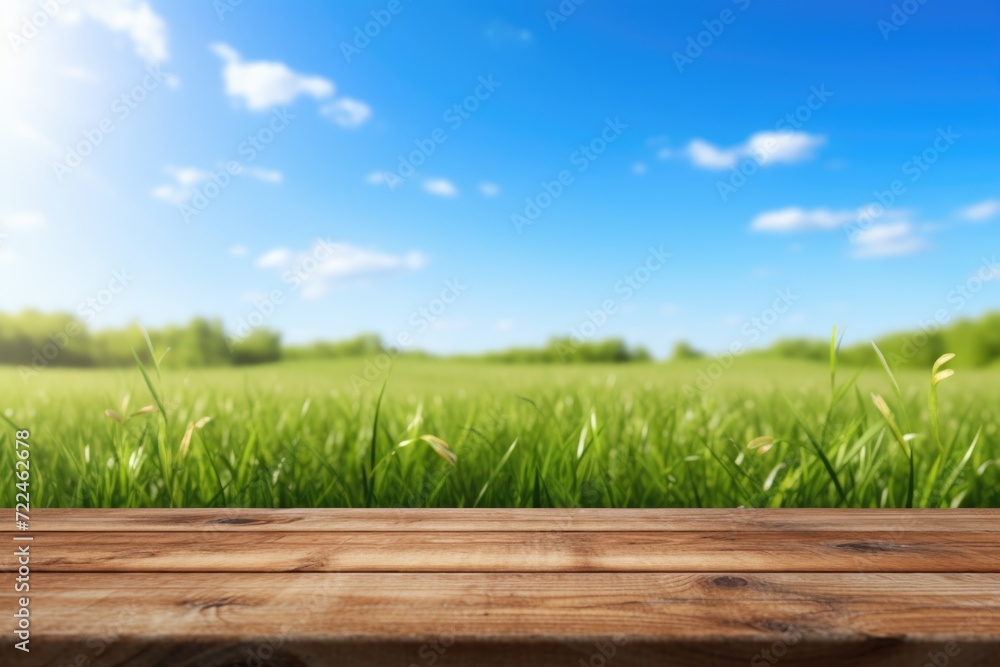 Poster a wooden table set up in front of a picturesque field of green grass. suitable for various uses