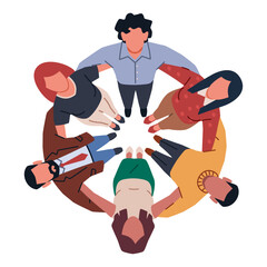 Team huddle. Business people looks up, gathered in circle, hugging employees, successful collaboration, joint work, men and women unity, cartoon flat isolated nowaday vector concept