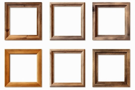 A set of six wooden picture frames displayed on a clean white background. Perfect for showcasing your favorite photos or artwork. Ideal for home decor or professional use
