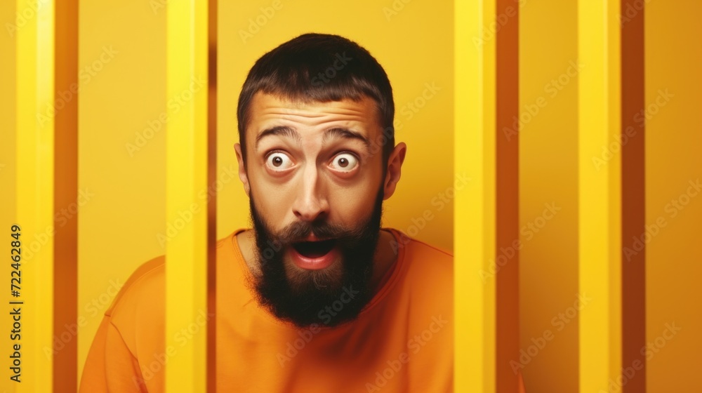 Poster a man with a surprised expression on his face is seen behind bars. this image can be used to depict 
