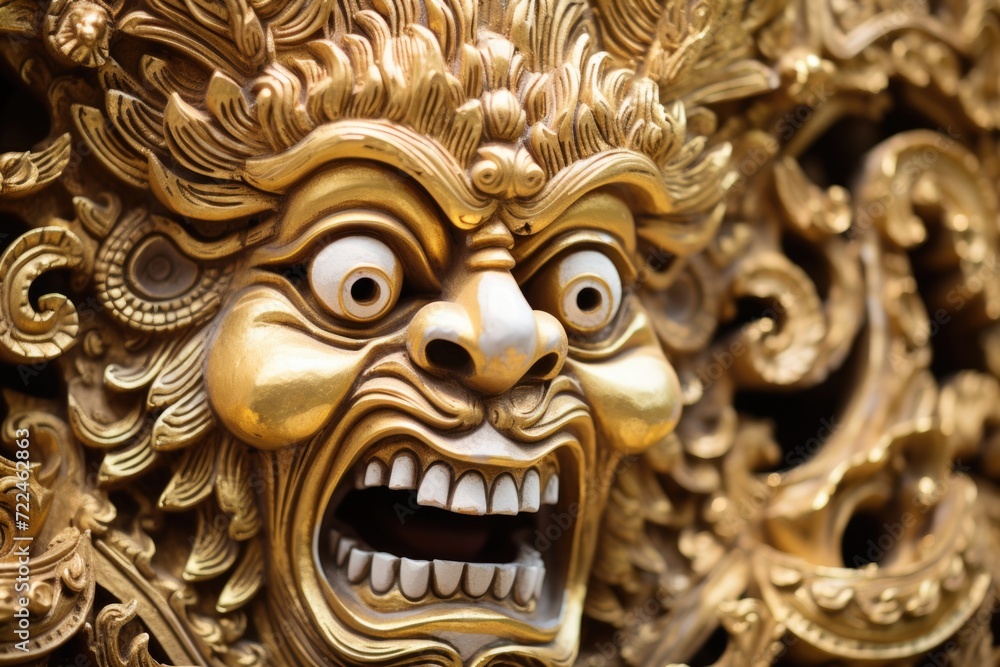Poster A detailed view of a gold statue featuring a peculiar facial expression. Ideal for adding a touch of uniqueness and elegance to any project