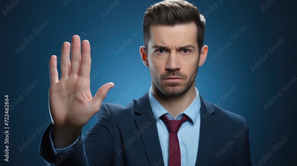Poster a man in a suit and tie making a stop sign. suitable for business or traffic safety concepts