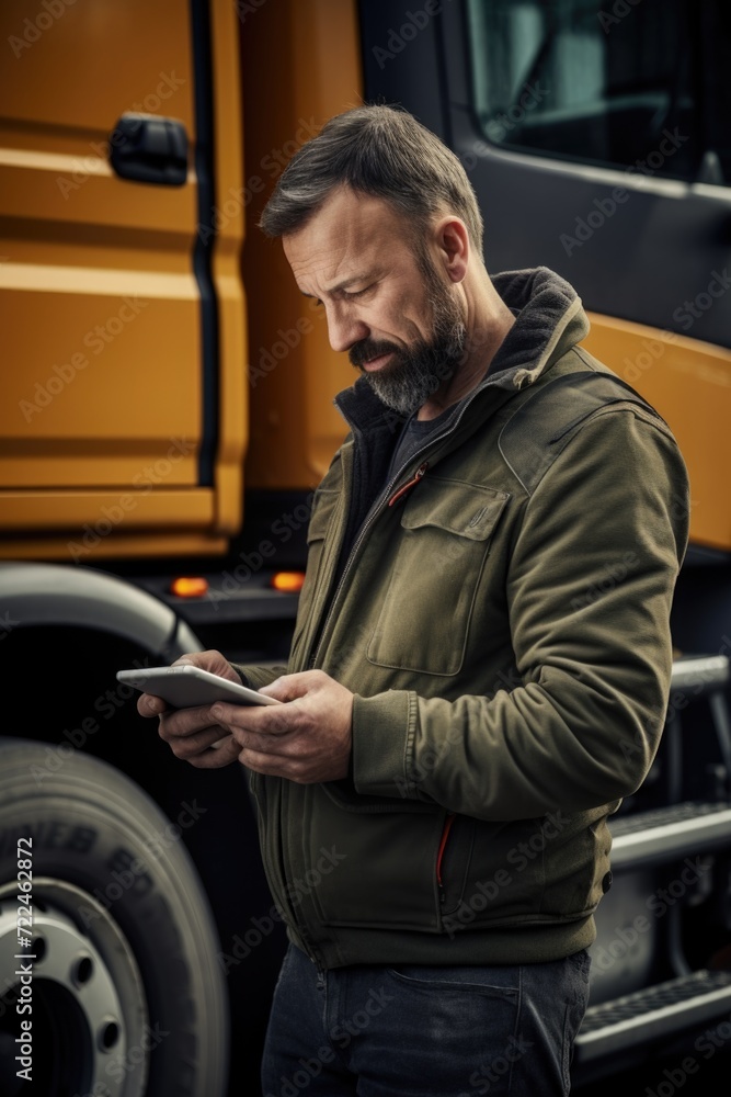 Poster A man standing in front of a truck, engrossed in his cell phone. This image can be used to depict distracted driving or the use of technology in everyday life