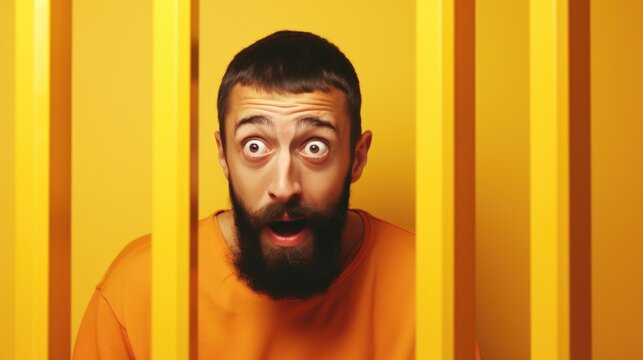 A man with a surprised expression on his face is seen behind bars. This image can be used to depict shock, surprise, imprisonment, or legal issues