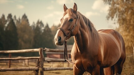 A brown horse standing next to a wooden fence. Suitable for equestrian-themed projects