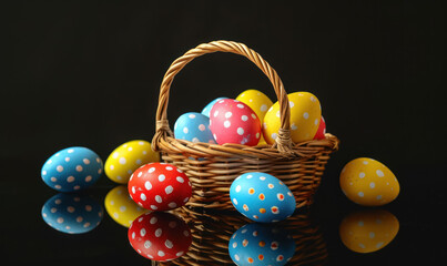 assorted colorful easter eggs in basket on reflective surface