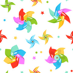 Pinwheel seamless pattern. Colorful paper windmills, repeated kids toys, summer fan spinners, bright rotating vanes. Textile and wrapping paper, wallpaper design. Print for fabric vector background