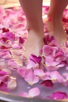A soothing image of a woman's feet immersed in a bowl of water with delicate rose petals. Perfect for spa, relaxation, and self-care concepts