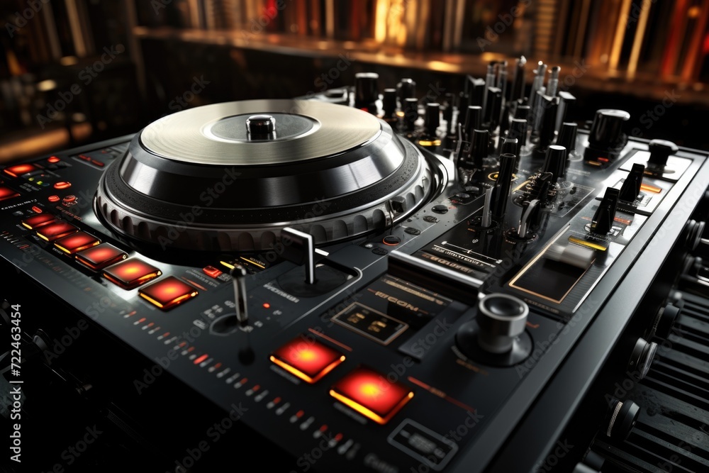 Poster a professional dj controller placed on a table. perfect for music production and djing