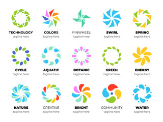 Pinwheel logo templates. Circular simple signs, colorful shapes for business, abstract design, rainbow spinner, different companies logotype template, vector isolated set